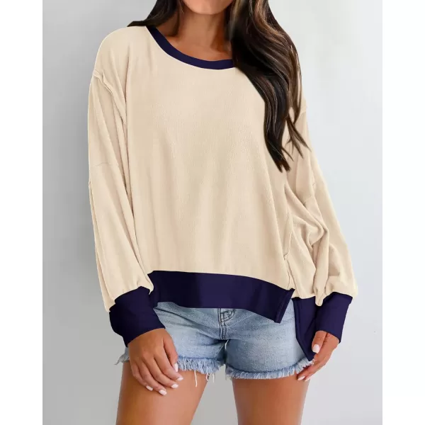 BTFBM Womens Casual Long Sleeve Blouses Crew Neck Drop Shoulder Color Block Shirts Fall Loose Pullover Ribbed Knit TopsBeige