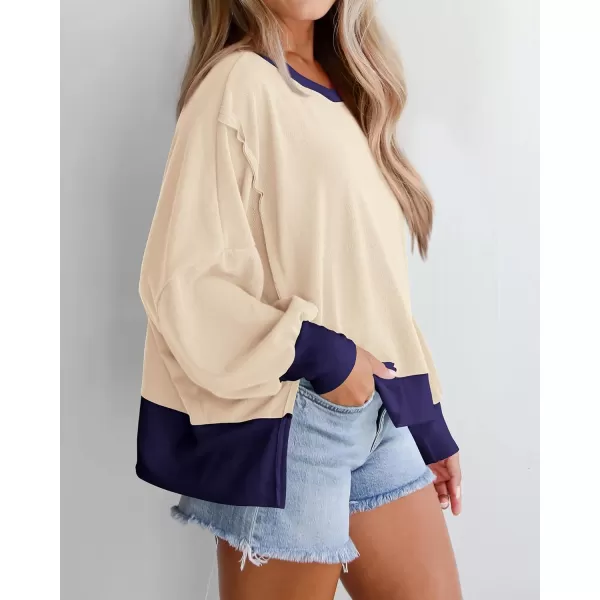 BTFBM Womens Casual Long Sleeve Blouses Crew Neck Drop Shoulder Color Block Shirts Fall Loose Pullover Ribbed Knit TopsBeige
