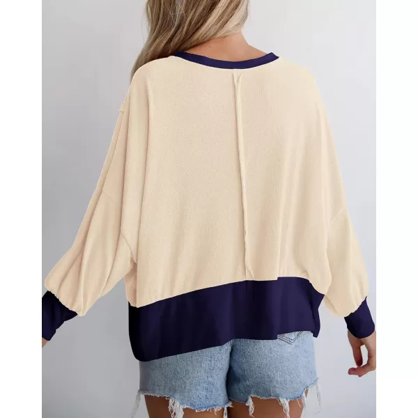 BTFBM Womens Casual Long Sleeve Blouses Crew Neck Drop Shoulder Color Block Shirts Fall Loose Pullover Ribbed Knit TopsBeige
