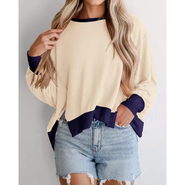 BTFBM Womens Casual Long Sleeve Blouses Crew Neck Drop Shoulder Color Block Shirts Fall Loose Pullover Ribbed Knit TopsBeige