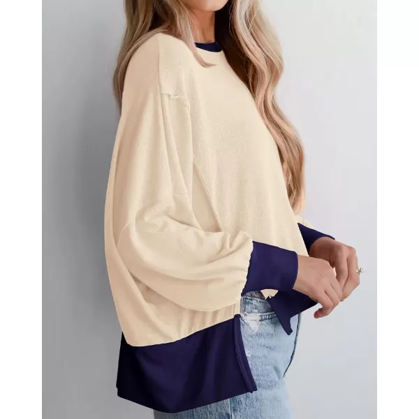 BTFBM Womens Casual Long Sleeve Blouses Crew Neck Drop Shoulder Color Block Shirts Fall Loose Pullover Ribbed Knit TopsBeige