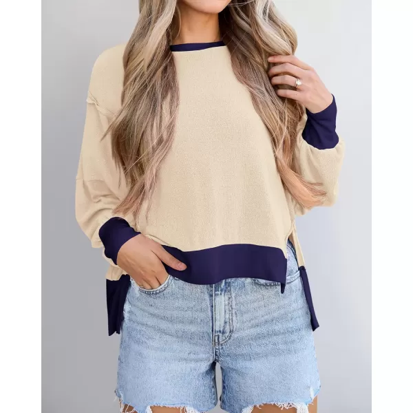 BTFBM Womens Casual Long Sleeve Blouses Crew Neck Drop Shoulder Color Block Shirts Fall Loose Pullover Ribbed Knit TopsBeige