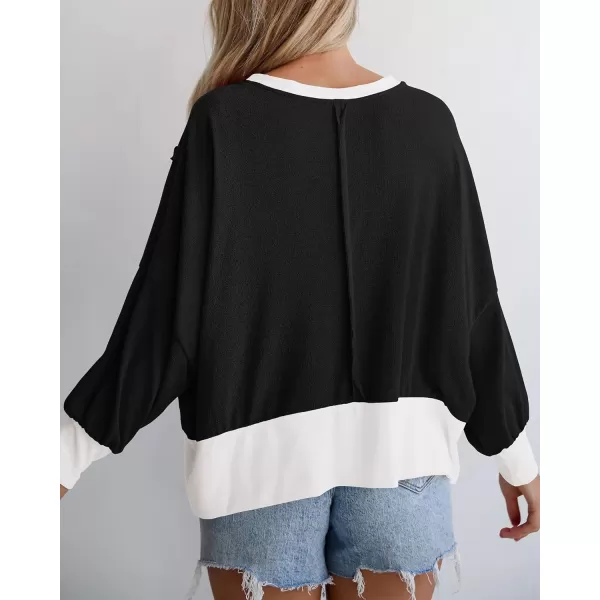 BTFBM Womens Casual Long Sleeve Blouses Crew Neck Drop Shoulder Color Block Shirts Fall Loose Pullover Ribbed Knit TopsBlack