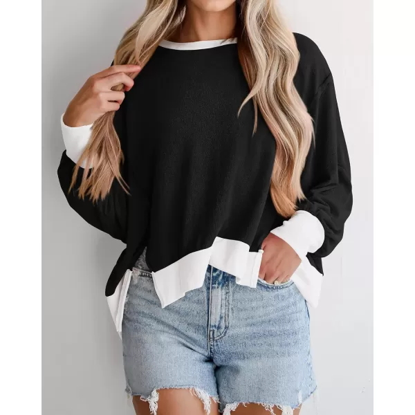 BTFBM Womens Casual Long Sleeve Blouses Crew Neck Drop Shoulder Color Block Shirts Fall Loose Pullover Ribbed Knit TopsBlack