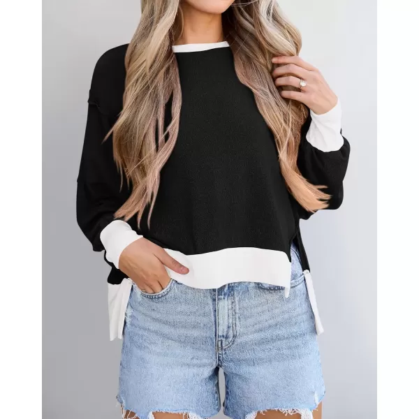 BTFBM Womens Casual Long Sleeve Blouses Crew Neck Drop Shoulder Color Block Shirts Fall Loose Pullover Ribbed Knit TopsBlack