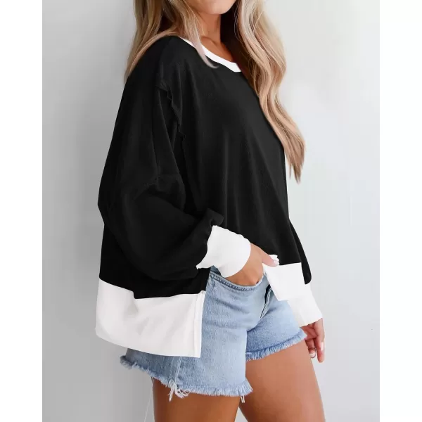 BTFBM Womens Casual Long Sleeve Blouses Crew Neck Drop Shoulder Color Block Shirts Fall Loose Pullover Ribbed Knit TopsBlack