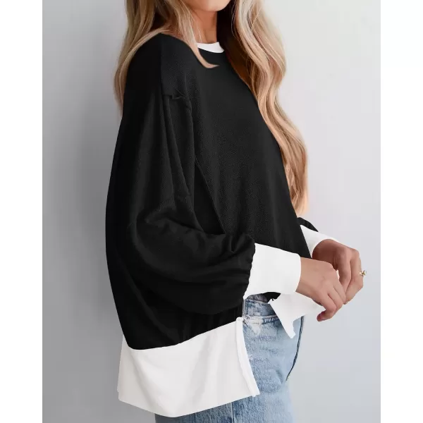 BTFBM Womens Casual Long Sleeve Blouses Crew Neck Drop Shoulder Color Block Shirts Fall Loose Pullover Ribbed Knit TopsBlack