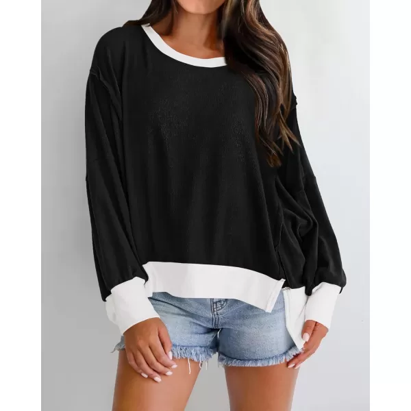 BTFBM Womens Casual Long Sleeve Blouses Crew Neck Drop Shoulder Color Block Shirts Fall Loose Pullover Ribbed Knit TopsBlack