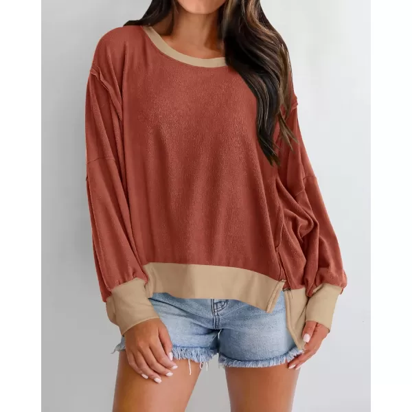 BTFBM Womens Casual Long Sleeve Blouses Crew Neck Drop Shoulder Color Block Shirts Fall Loose Pullover Ribbed Knit TopsBrick Red