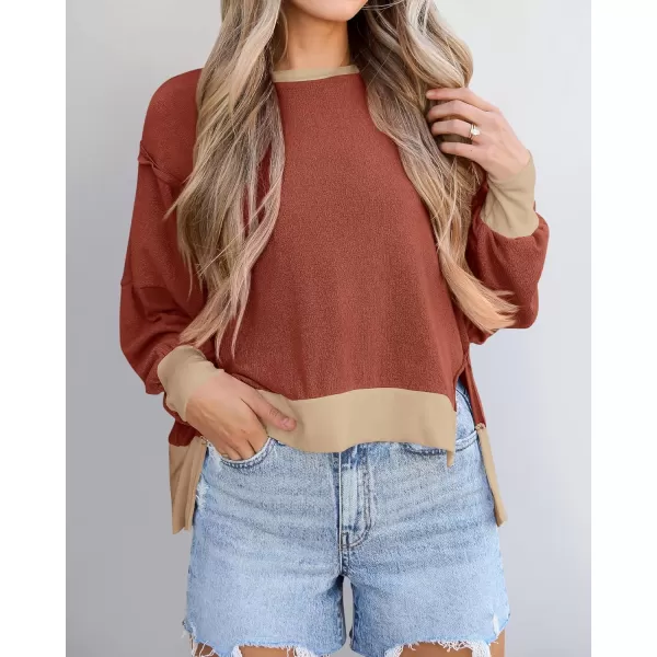 BTFBM Womens Casual Long Sleeve Blouses Crew Neck Drop Shoulder Color Block Shirts Fall Loose Pullover Ribbed Knit TopsBrick Red