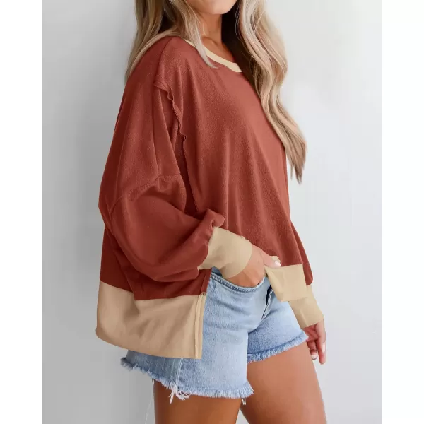 BTFBM Womens Casual Long Sleeve Blouses Crew Neck Drop Shoulder Color Block Shirts Fall Loose Pullover Ribbed Knit TopsBrick Red