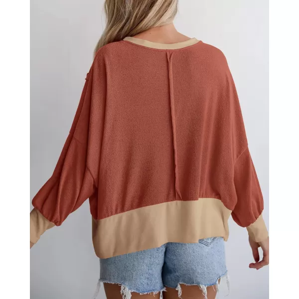 BTFBM Womens Casual Long Sleeve Blouses Crew Neck Drop Shoulder Color Block Shirts Fall Loose Pullover Ribbed Knit TopsBrick Red