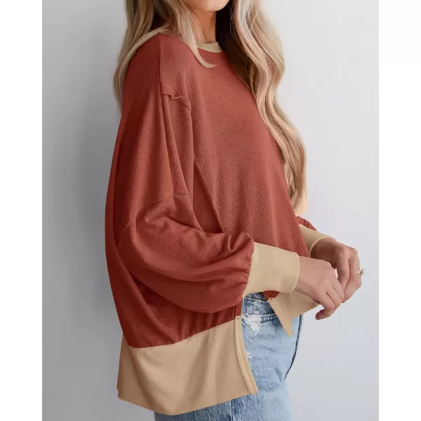 BTFBM Womens Casual Long Sleeve Blouses Crew Neck Drop Shoulder Color Block Shirts Fall Loose Pullover Ribbed Knit TopsBrick Red