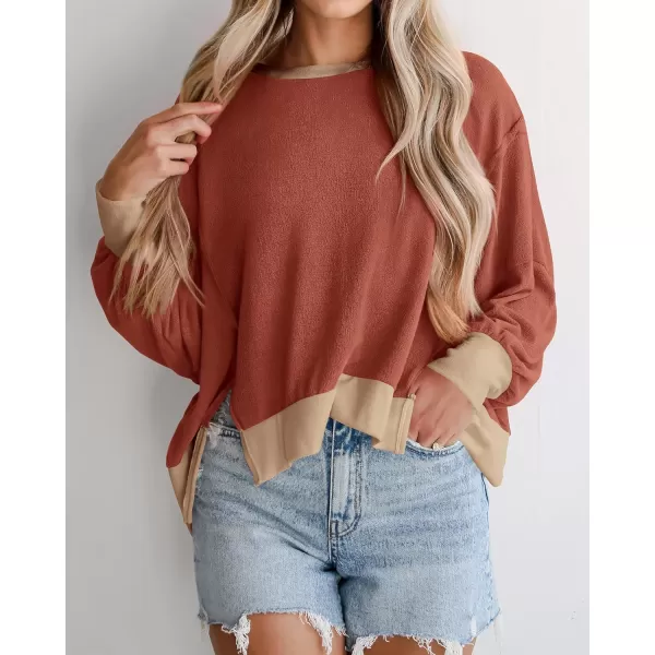 BTFBM Womens Casual Long Sleeve Blouses Crew Neck Drop Shoulder Color Block Shirts Fall Loose Pullover Ribbed Knit TopsBrick Red