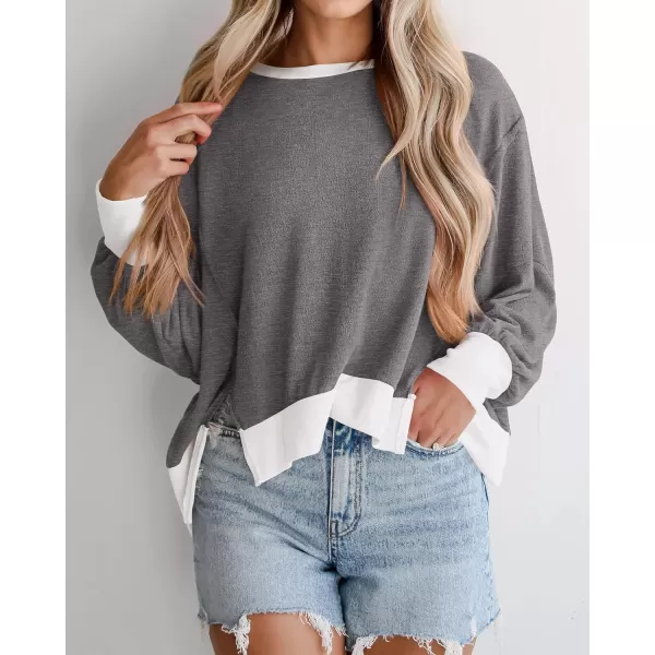 BTFBM Womens Casual Long Sleeve Blouses Crew Neck Drop Shoulder Color Block Shirts Fall Loose Pullover Ribbed Knit TopsGrey
