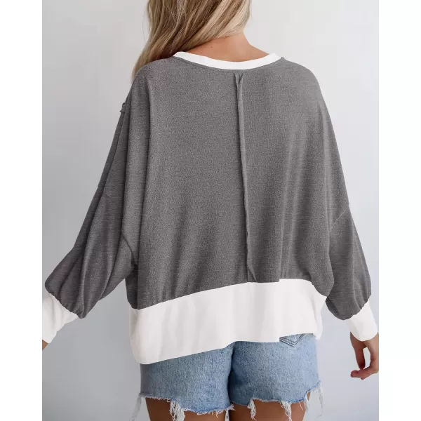 BTFBM Womens Casual Long Sleeve Blouses Crew Neck Drop Shoulder Color Block Shirts Fall Loose Pullover Ribbed Knit TopsGrey