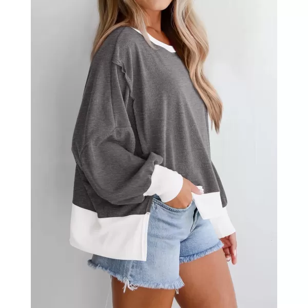 BTFBM Womens Casual Long Sleeve Blouses Crew Neck Drop Shoulder Color Block Shirts Fall Loose Pullover Ribbed Knit TopsGrey