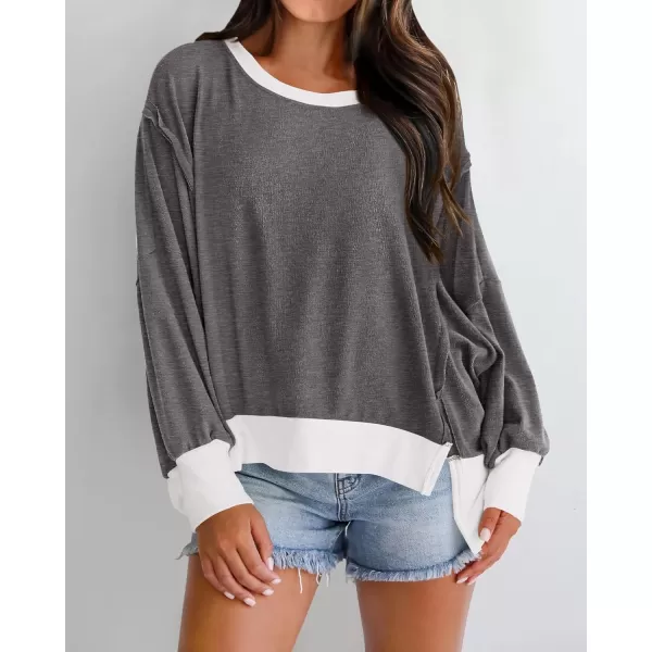 BTFBM Womens Casual Long Sleeve Blouses Crew Neck Drop Shoulder Color Block Shirts Fall Loose Pullover Ribbed Knit TopsGrey