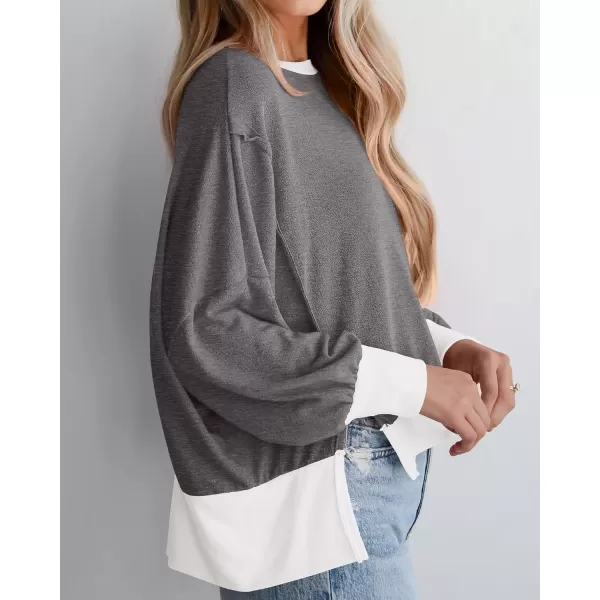 BTFBM Womens Casual Long Sleeve Blouses Crew Neck Drop Shoulder Color Block Shirts Fall Loose Pullover Ribbed Knit TopsGrey