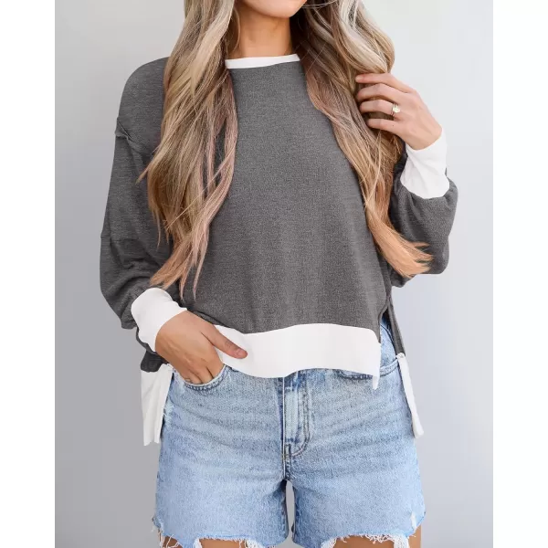 BTFBM Womens Casual Long Sleeve Blouses Crew Neck Drop Shoulder Color Block Shirts Fall Loose Pullover Ribbed Knit TopsGrey
