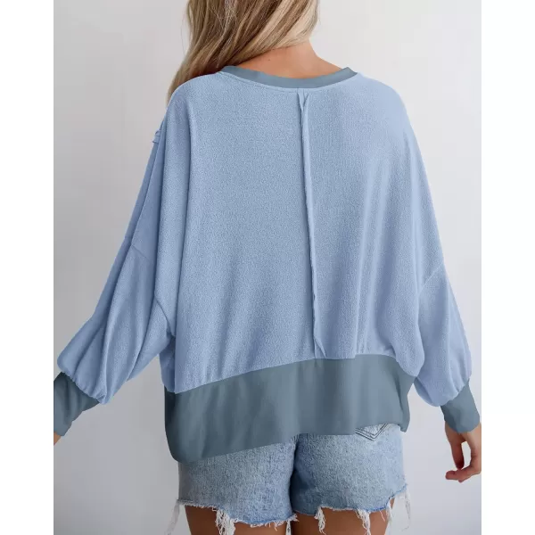 BTFBM Womens Casual Long Sleeve Blouses Crew Neck Drop Shoulder Color Block Shirts Fall Loose Pullover Ribbed Knit TopsLight Blue