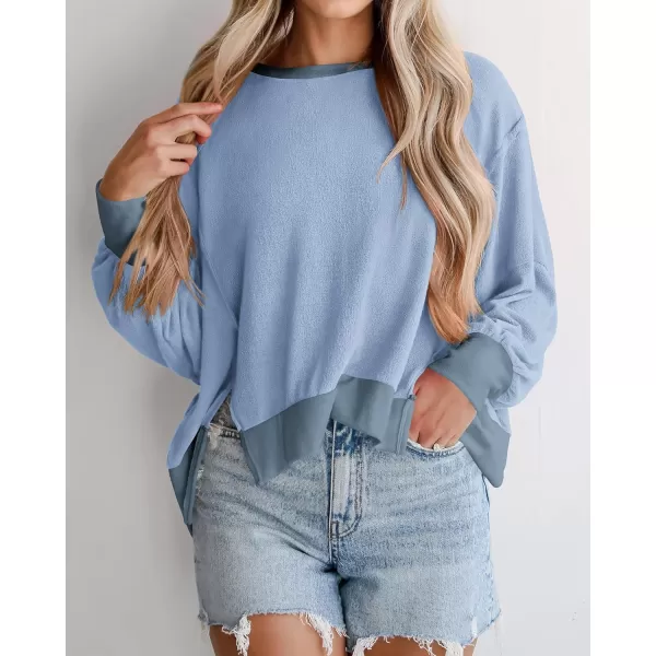 BTFBM Womens Casual Long Sleeve Blouses Crew Neck Drop Shoulder Color Block Shirts Fall Loose Pullover Ribbed Knit TopsLight Blue