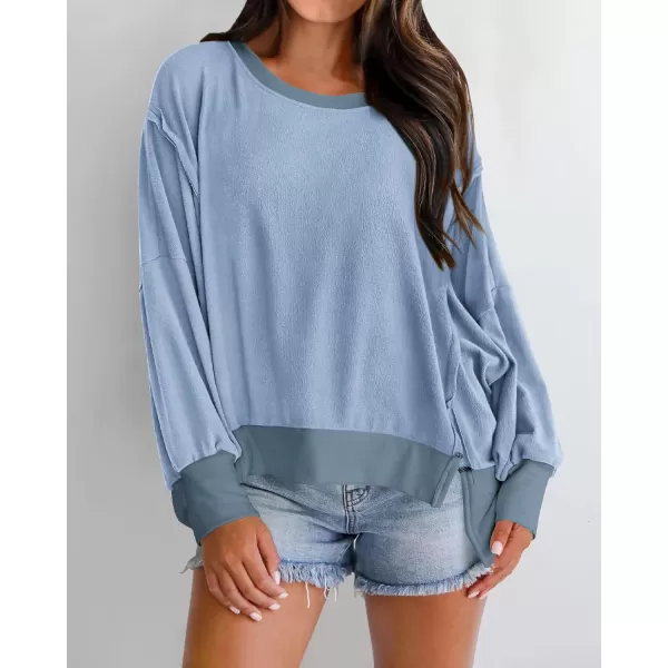 BTFBM Womens Casual Long Sleeve Blouses Crew Neck Drop Shoulder Color Block Shirts Fall Loose Pullover Ribbed Knit TopsLight Blue