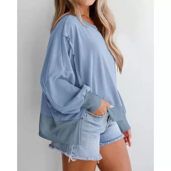 BTFBM Womens Casual Long Sleeve Blouses Crew Neck Drop Shoulder Color Block Shirts Fall Loose Pullover Ribbed Knit TopsLight Blue