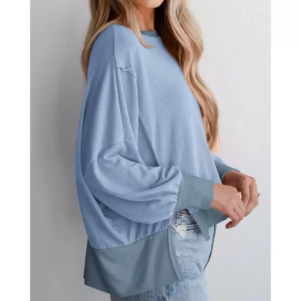 BTFBM Womens Casual Long Sleeve Blouses Crew Neck Drop Shoulder Color Block Shirts Fall Loose Pullover Ribbed Knit TopsLight Blue