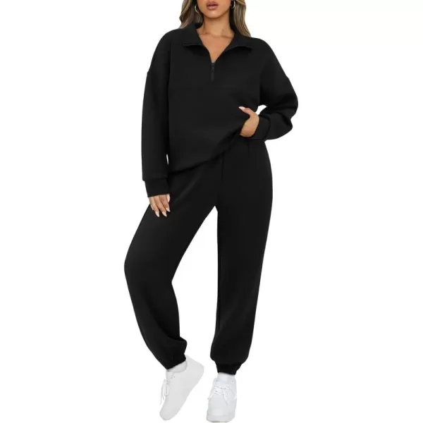 BTFBM Womens 2 Piece Sweatsuit Sets Fall Outfits Tracksuits 2024 Long Sleeve Half Zip Sweatshirt Sweatpants Lounge SetSolid Black