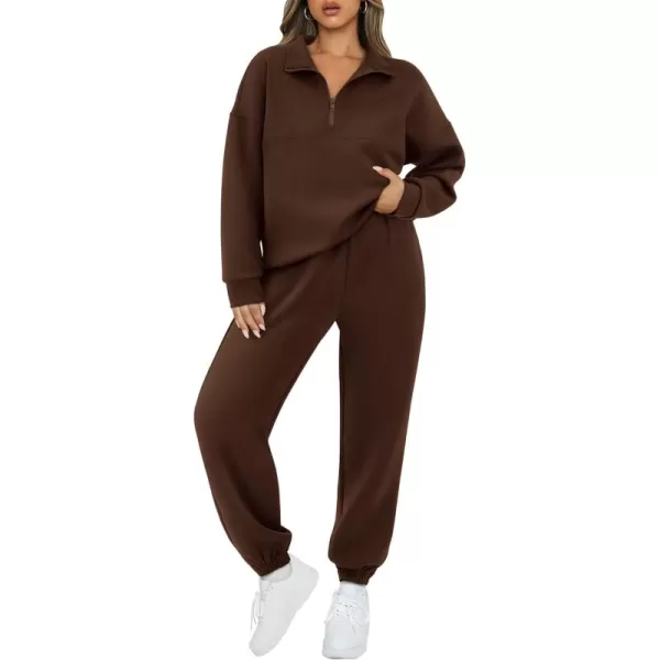 BTFBM Womens 2 Piece Sweatsuit Sets Fall Outfits Tracksuits 2024 Long Sleeve Half Zip Sweatshirt Sweatpants Lounge SetSolid Brown