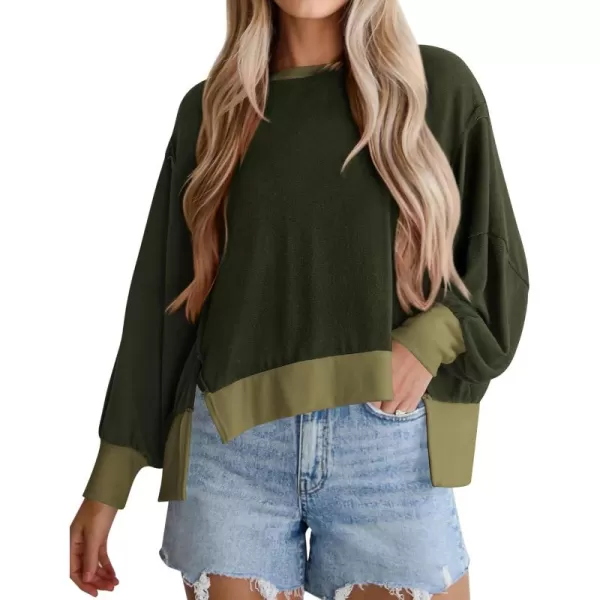 BTFBM Womens Casual Long Sleeve Blouses Crew Neck Drop Shoulder Color Block Shirts Fall Loose Pullover Ribbed Knit TopsArmy Green