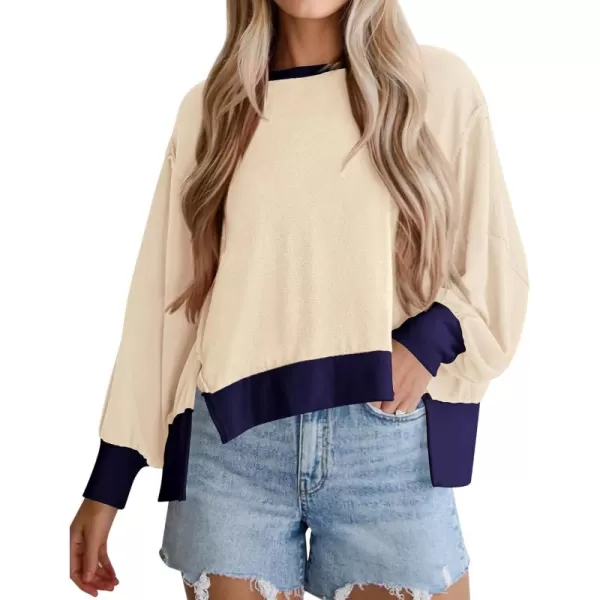 BTFBM Womens Casual Long Sleeve Blouses Crew Neck Drop Shoulder Color Block Shirts Fall Loose Pullover Ribbed Knit TopsBeige