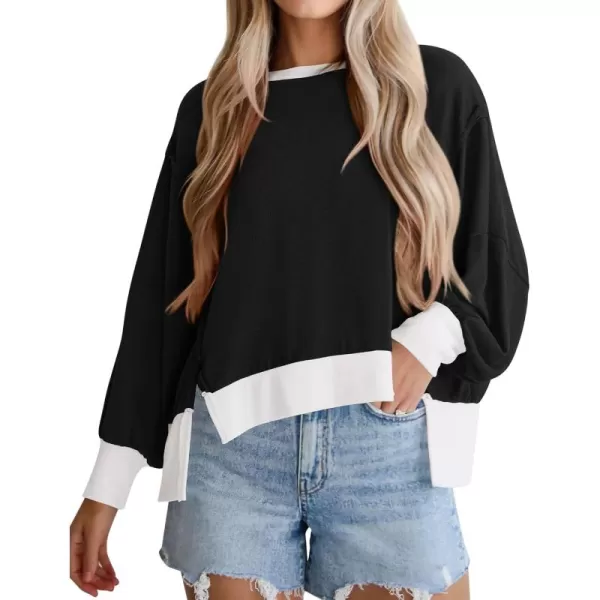 BTFBM Womens Casual Long Sleeve Blouses Crew Neck Drop Shoulder Color Block Shirts Fall Loose Pullover Ribbed Knit TopsBlack