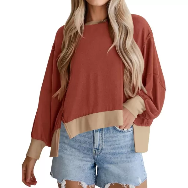 BTFBM Womens Casual Long Sleeve Blouses Crew Neck Drop Shoulder Color Block Shirts Fall Loose Pullover Ribbed Knit TopsBrick Red