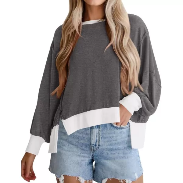 BTFBM Womens Casual Long Sleeve Blouses Crew Neck Drop Shoulder Color Block Shirts Fall Loose Pullover Ribbed Knit TopsGrey