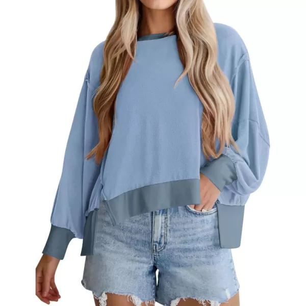 BTFBM Womens Casual Long Sleeve Blouses Crew Neck Drop Shoulder Color Block Shirts Fall Loose Pullover Ribbed Knit TopsLight Blue