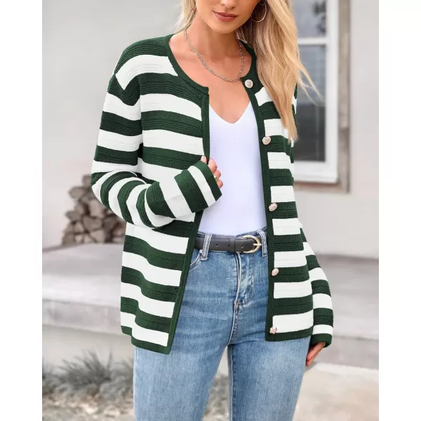 BTFBM Striped Cardigan Sweaters for Women Trendy Fall 2024 Long Sleeve Button Down Lady Jacket Open Front Knit CardigansArmy Green White