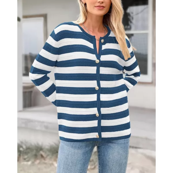 BTFBM Striped Cardigan Sweaters for Women Trendy Fall 2024 Long Sleeve Button Down Lady Jacket Open Front Knit CardigansGrey Blue White