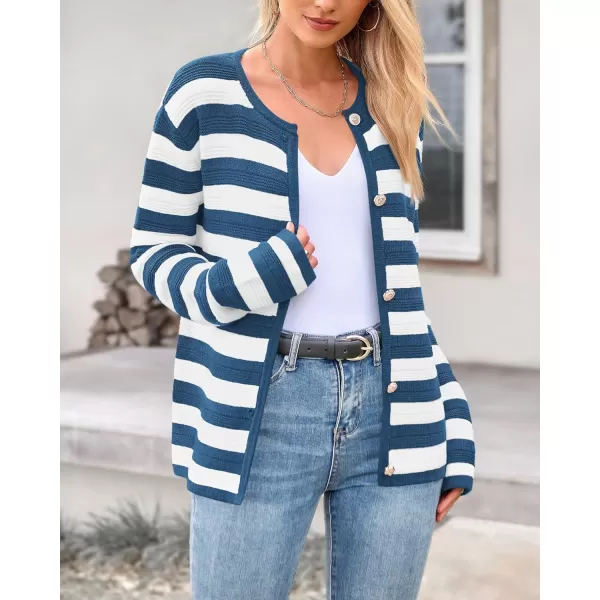 BTFBM Striped Cardigan Sweaters for Women Trendy Fall 2024 Long Sleeve Button Down Lady Jacket Open Front Knit CardigansGrey Blue White