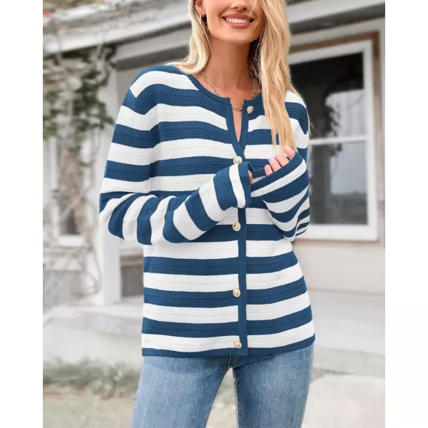 BTFBM Striped Cardigan Sweaters for Women Trendy Fall 2024 Long Sleeve Button Down Lady Jacket Open Front Knit CardigansGrey Blue White