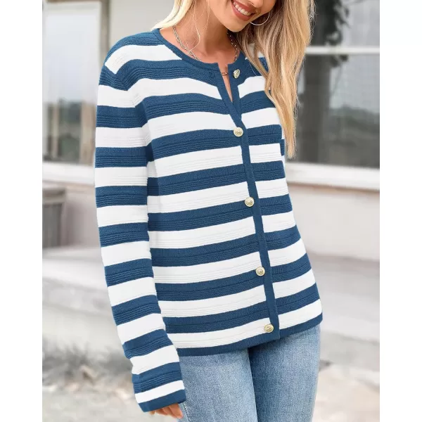 BTFBM Striped Cardigan Sweaters for Women Trendy Fall 2024 Long Sleeve Button Down Lady Jacket Open Front Knit CardigansGrey Blue White