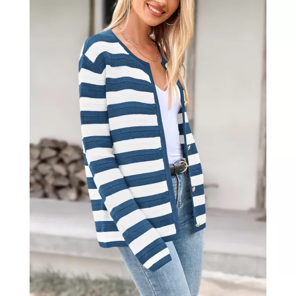 BTFBM Striped Cardigan Sweaters for Women Trendy Fall 2024 Long Sleeve Button Down Lady Jacket Open Front Knit CardigansGrey Blue White