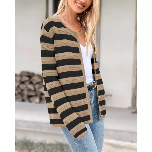 BTFBM Striped Cardigan Sweaters for Women Trendy Fall 2024 Long Sleeve Button Down Lady Jacket Open Front Knit CardigansKhaki Black