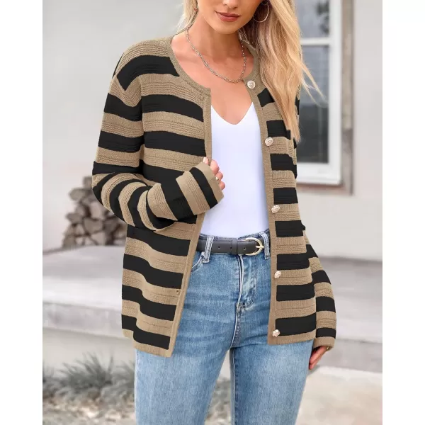 BTFBM Striped Cardigan Sweaters for Women Trendy Fall 2024 Long Sleeve Button Down Lady Jacket Open Front Knit CardigansKhaki Black