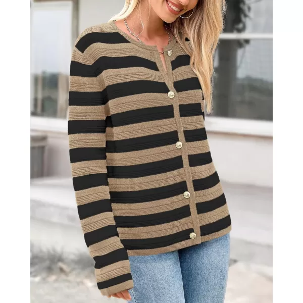 BTFBM Striped Cardigan Sweaters for Women Trendy Fall 2024 Long Sleeve Button Down Lady Jacket Open Front Knit CardigansKhaki Black