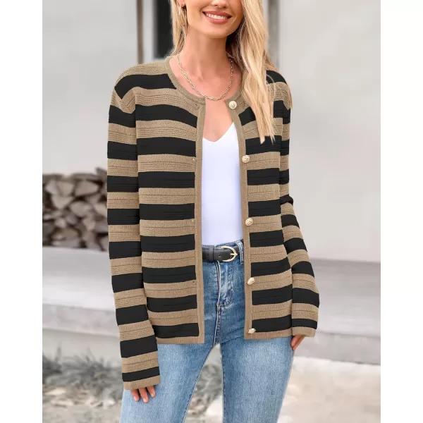 BTFBM Striped Cardigan Sweaters for Women Trendy Fall 2024 Long Sleeve Button Down Lady Jacket Open Front Knit CardigansKhaki Black