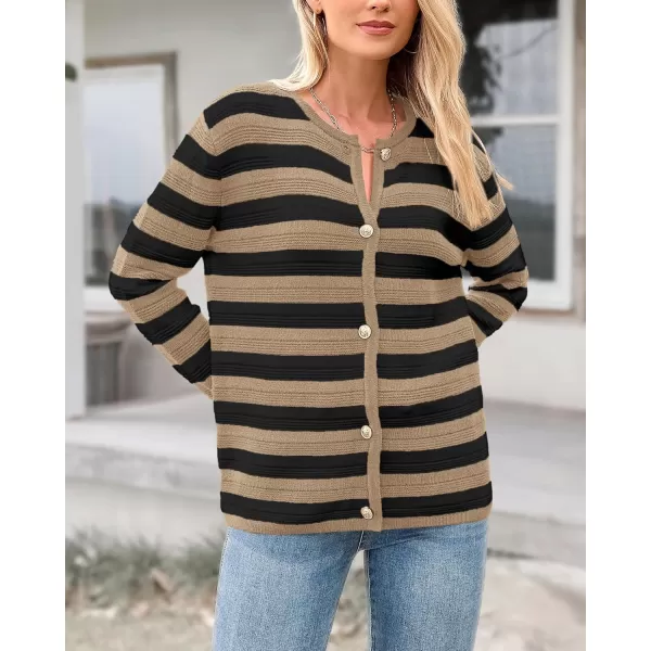 BTFBM Striped Cardigan Sweaters for Women Trendy Fall 2024 Long Sleeve Button Down Lady Jacket Open Front Knit CardigansKhaki Black