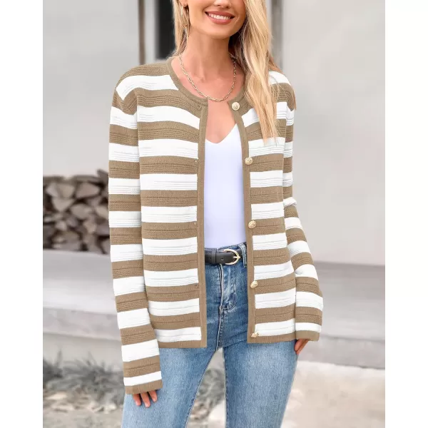 BTFBM Striped Cardigan Sweaters for Women Trendy Fall 2024 Long Sleeve Button Down Lady Jacket Open Front Knit CardigansKhaki White