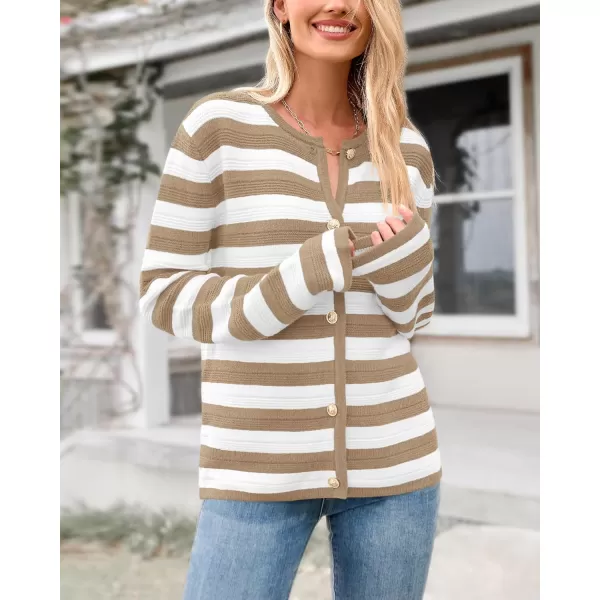 BTFBM Striped Cardigan Sweaters for Women Trendy Fall 2024 Long Sleeve Button Down Lady Jacket Open Front Knit CardigansKhaki White